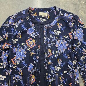 LOFT Floral Print Jacket Womens Long Sleeve‎ Open Front Blue Orange 2